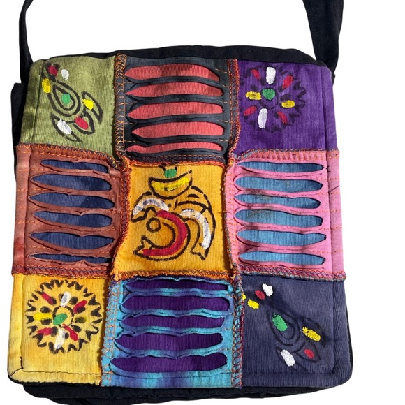 Bohemian Patchwork Shoulder Bag Multi Color Om Symbol Adjustable Strap - Picture 2 of 6